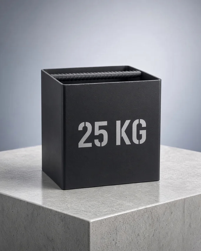 Asansör Test Ağırlığı – üzerinde 25 KG yazan, taşıma kollu siyah kutu ağırlık